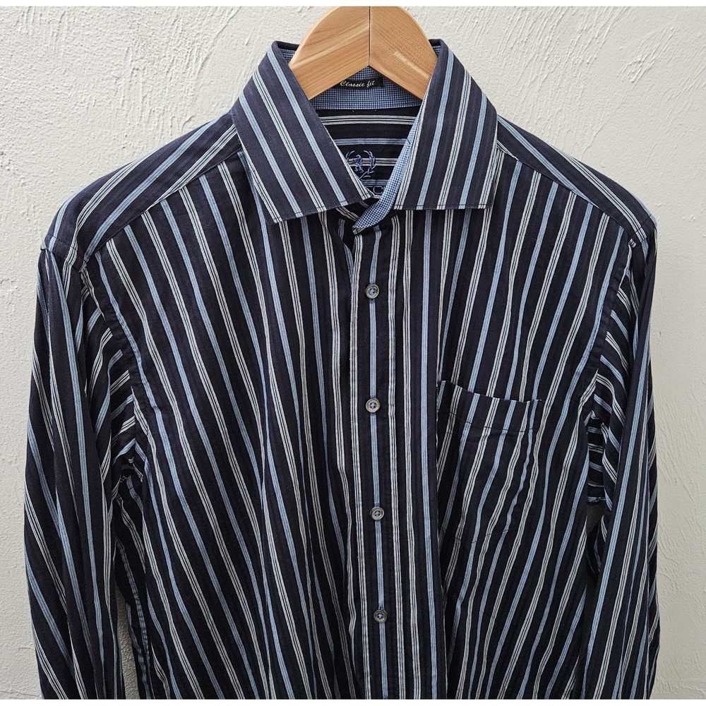 Bugatchi‎ Uomo Men's Blue 100% Cotton Striped Long Sleeve Shirt Size Large - Picture 5 of 10